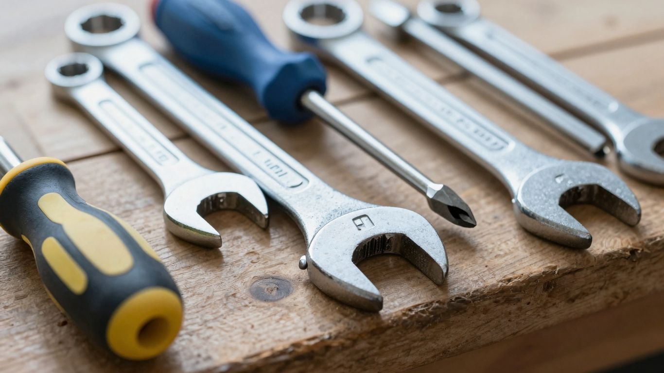 Tools marked for theft prevention on a workbench.