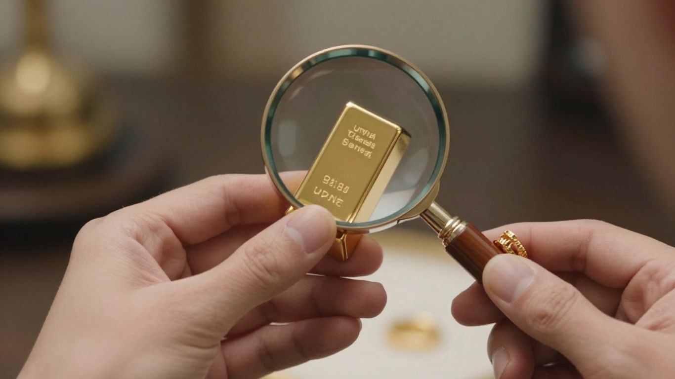 一只金色的手正用放大镜观察黄金。