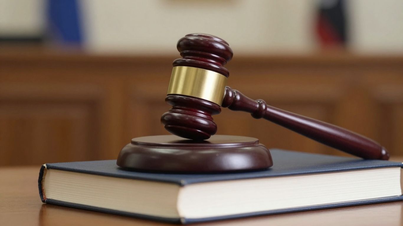 Gavel on legal book in courtroom