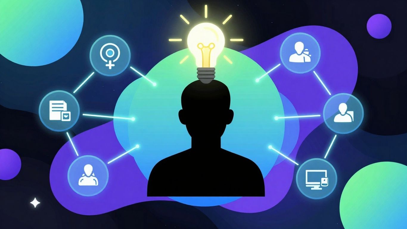 AI marketing tools infographic with glowing connections.