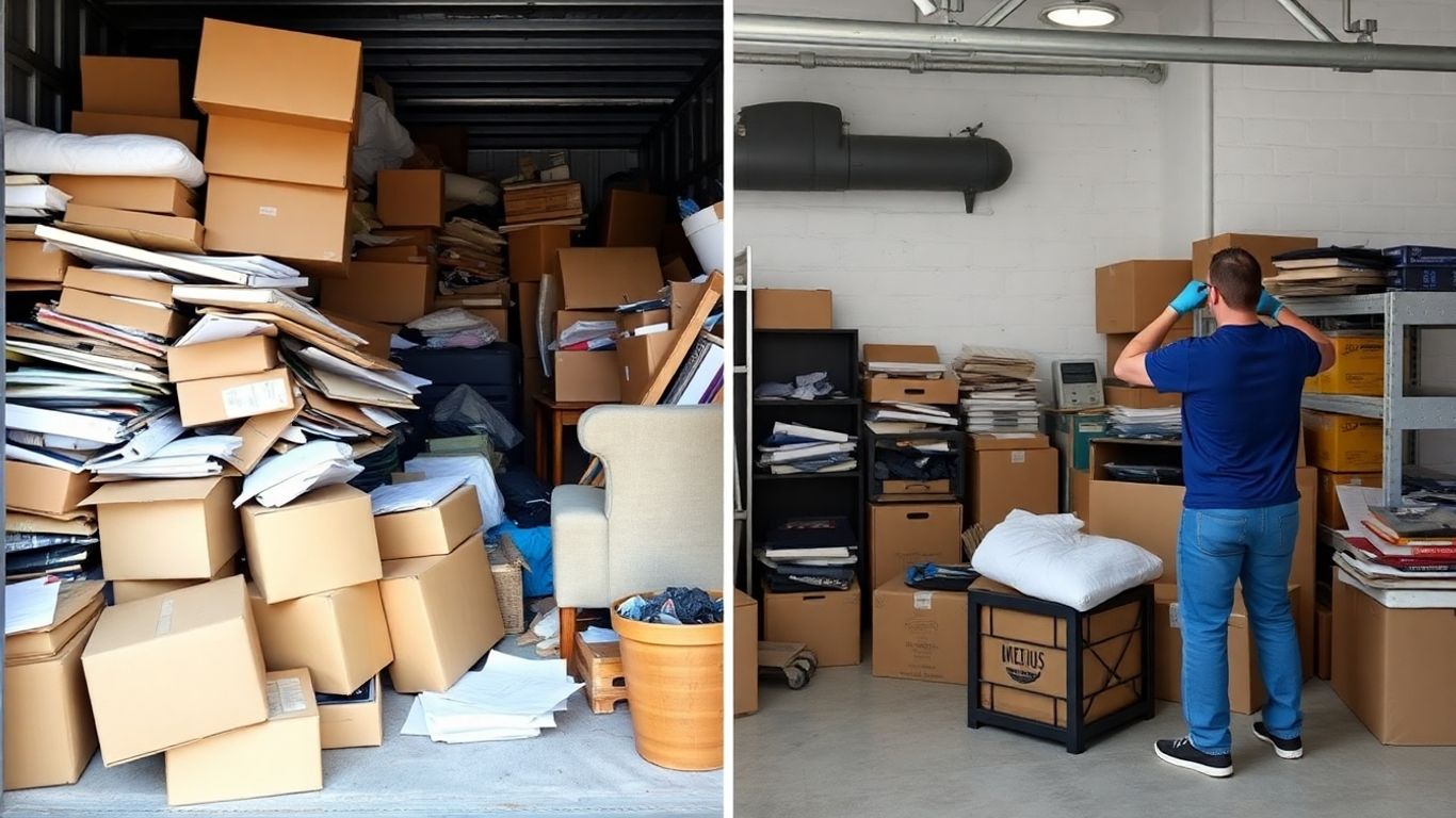 Cluttered storage unit and junk removal crew at work