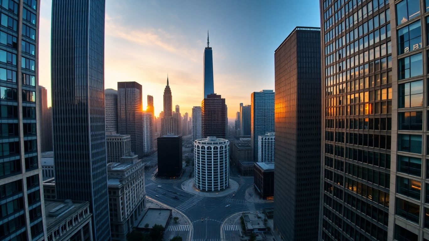 Financial district skyscrapers at sunrise, symbolizing wealth.