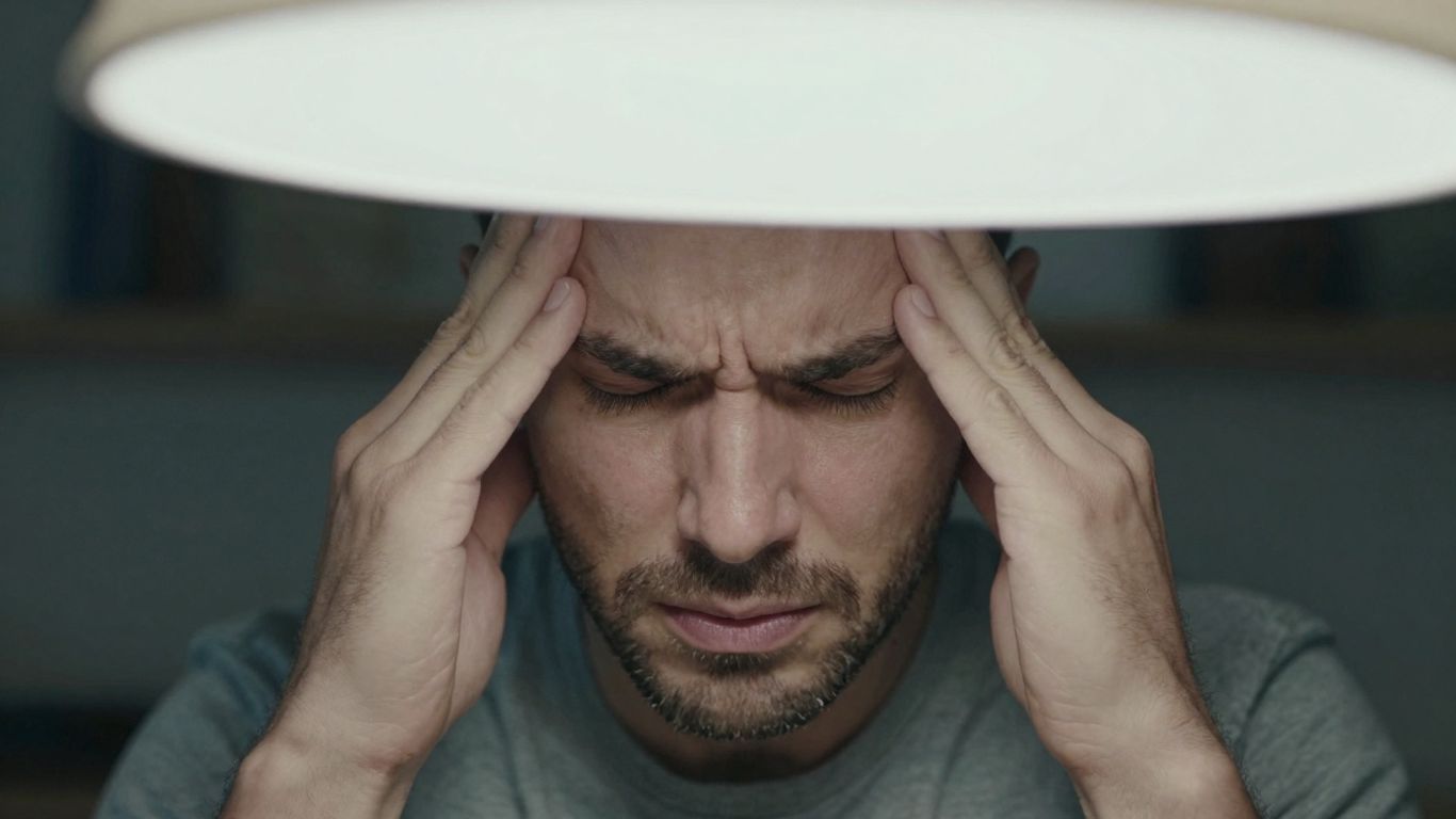 Person experiencing a headache, holding their head.