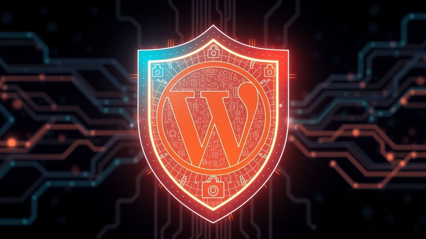 WordPress website security shield with digital patterns.