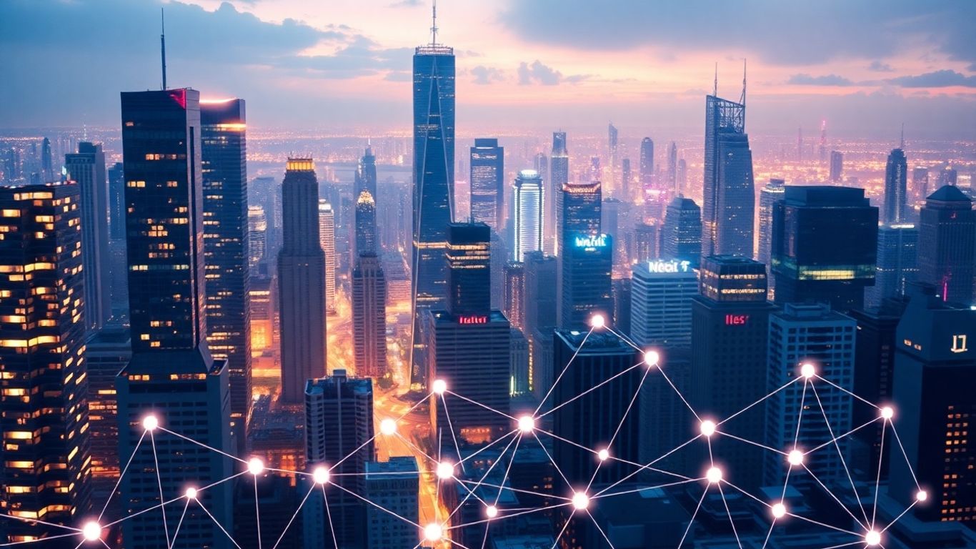 Futuristic cityscape with glowing digital connections and geometric shapes.