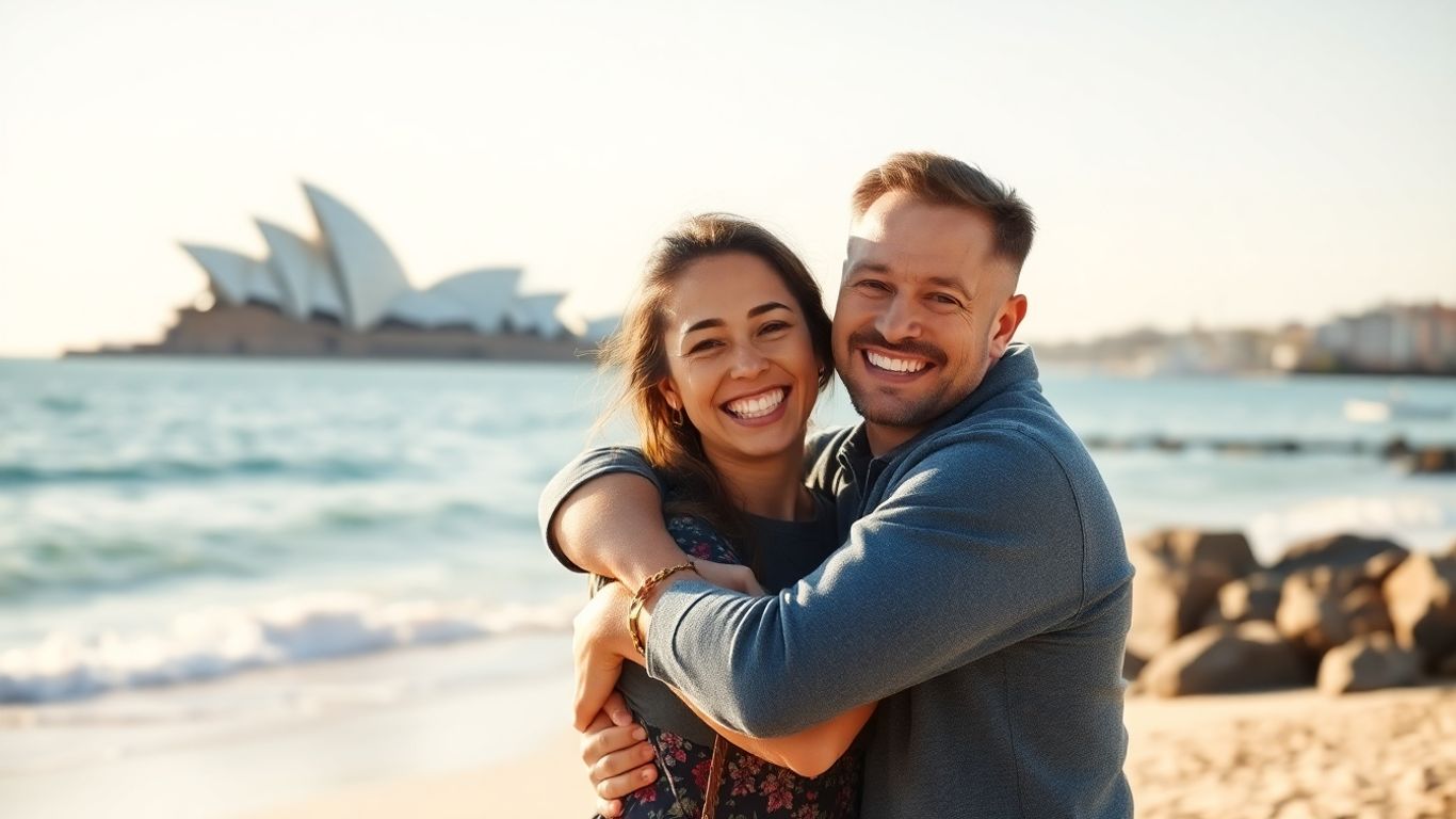 Couple embracing on Australian beach with Sydney Opera House.