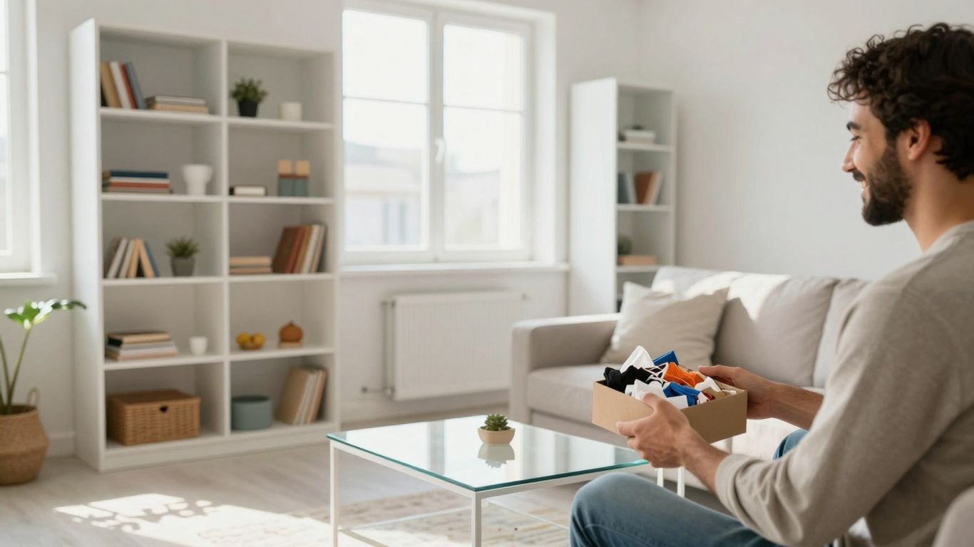 Aufgeräumtes Wohnzimmer mit lächelnder Person und Sonnenlicht.