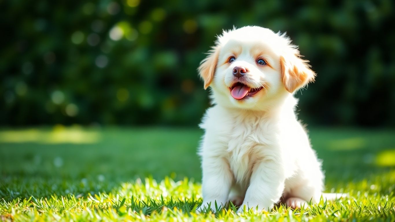 Happy puppy sitting on grass, looking up attentively.