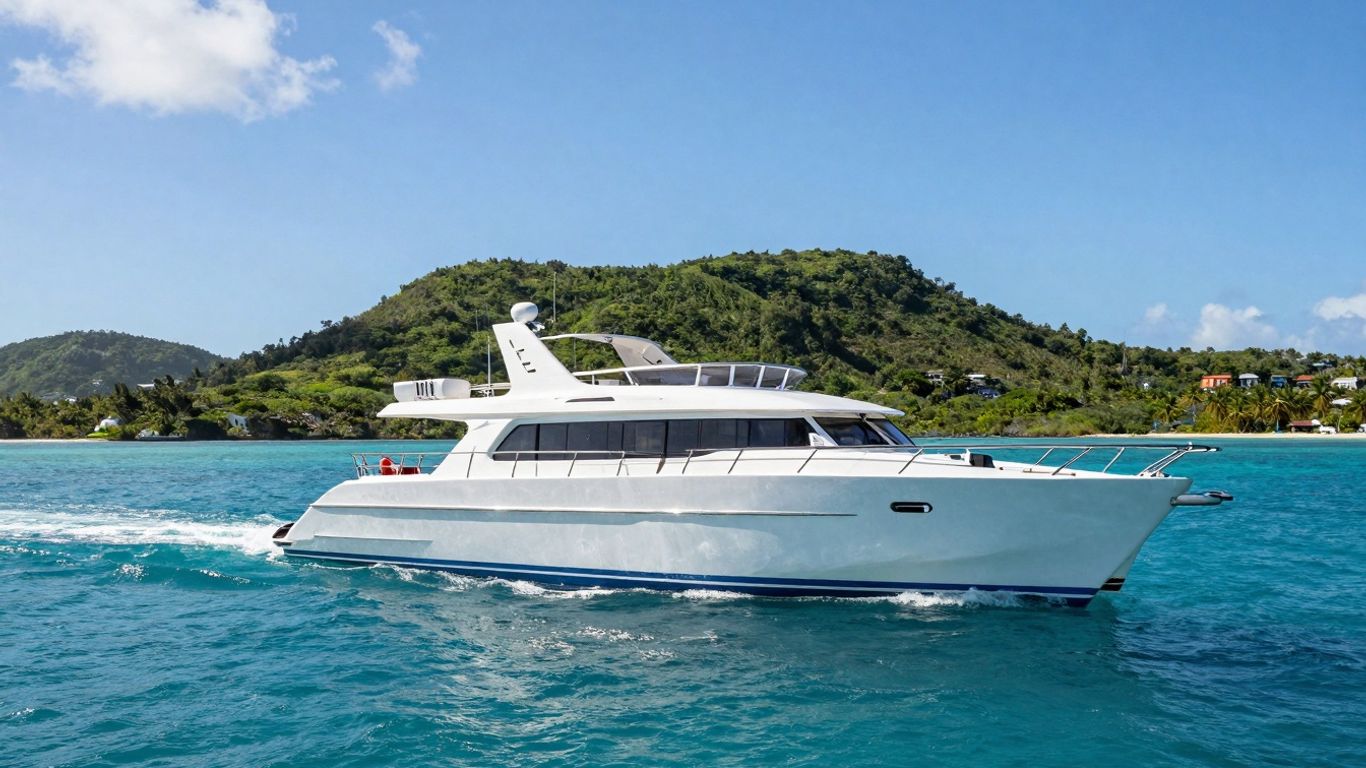 Catamaran sailing in clear Caribbean waters near islands.