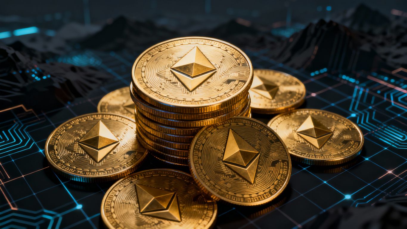 Ethereum coins stacked high, digital landscape background.
