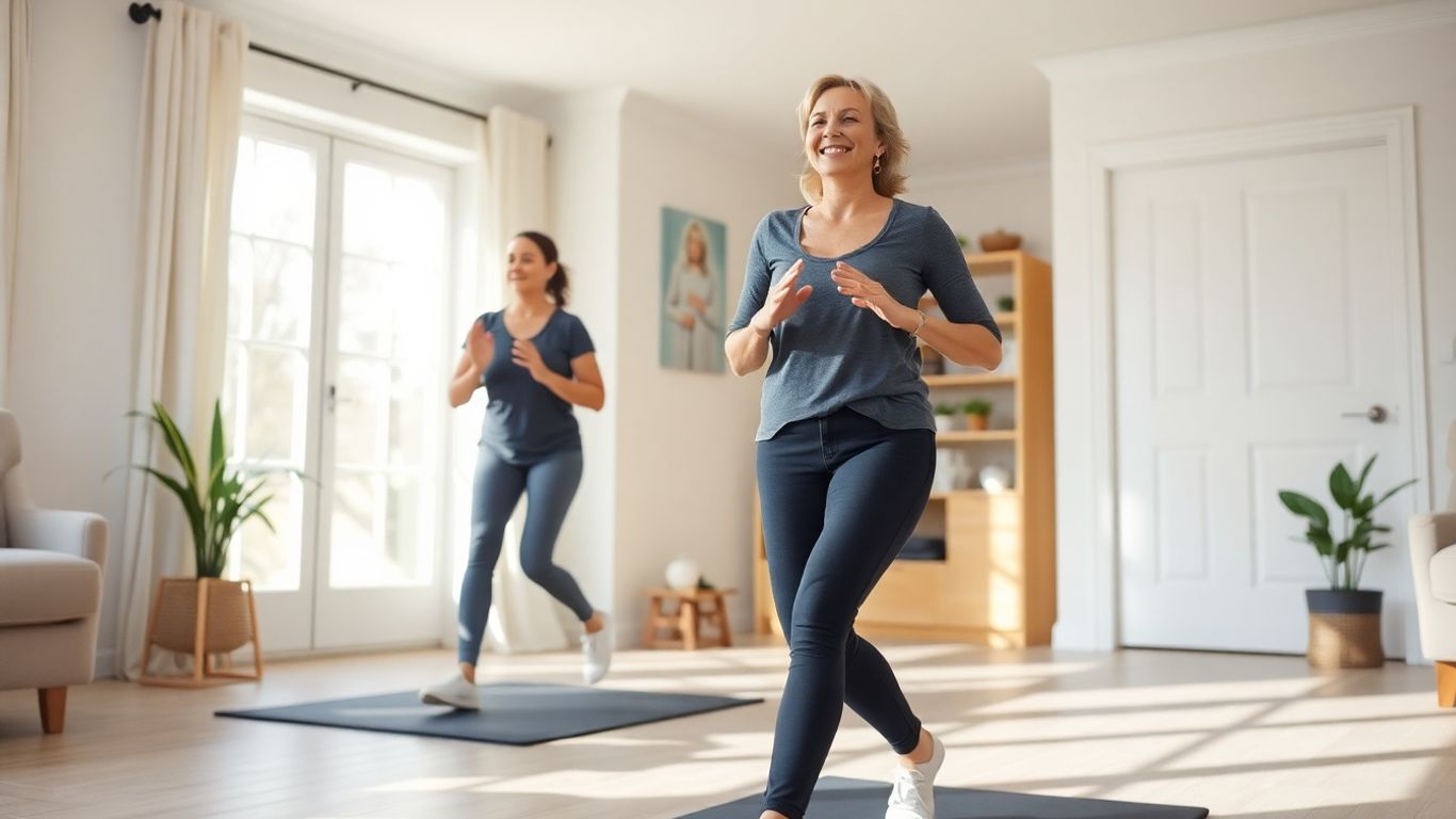 Beginner doing low impact cardio workout at home.