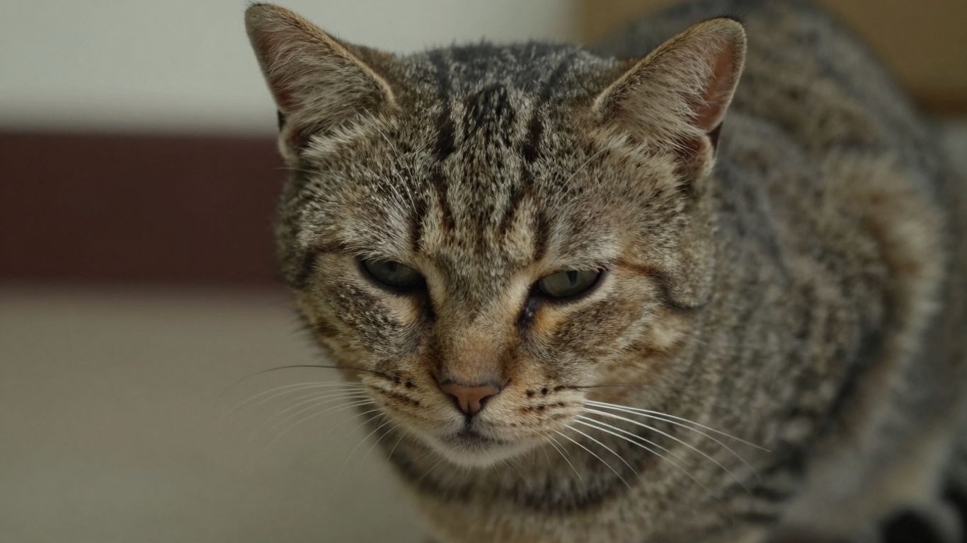 Cat with dull fur and sunken eyes looking lethargic.