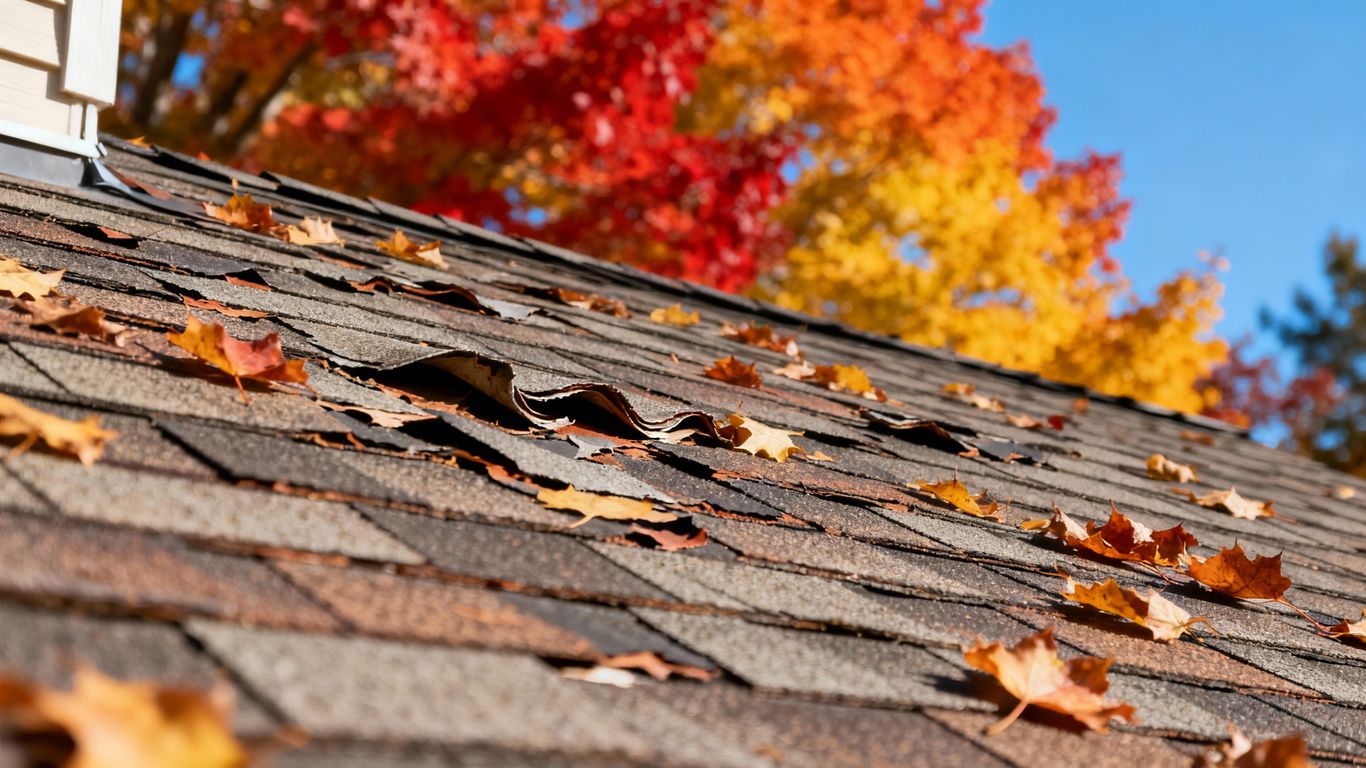 Autumn leaves on a damaged roof.