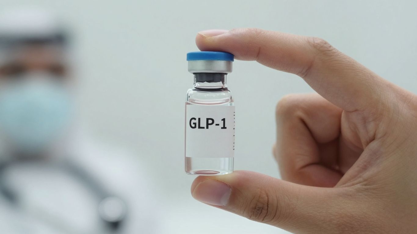 GLP-1 medication vial for weight loss treatment.