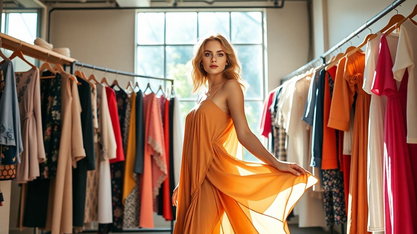 Chic fashion boutique with stylish woman and trendy clothing.