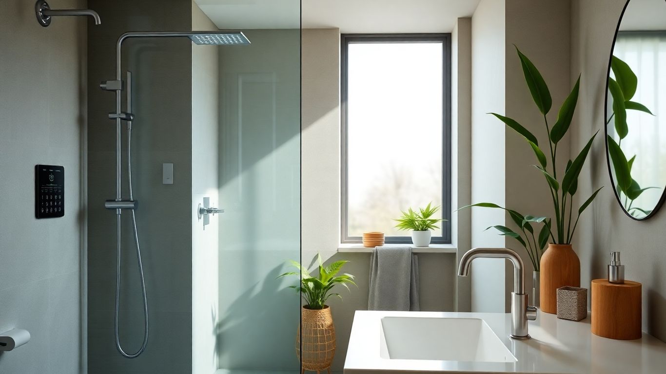 Modern eco-friendly bathroom with smart technology and bamboo decor