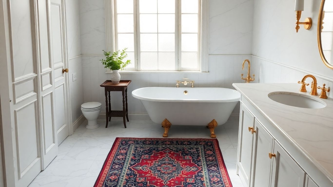 Bathroom with vintage rug and marble bathtub