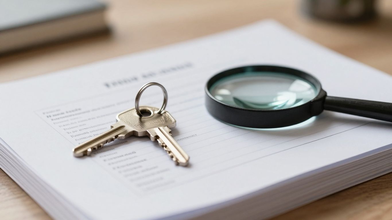 House key on documents with magnifying glass
