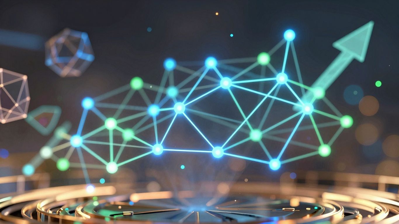 Interconnected glowing nodes forming a futuristic blockchain network.