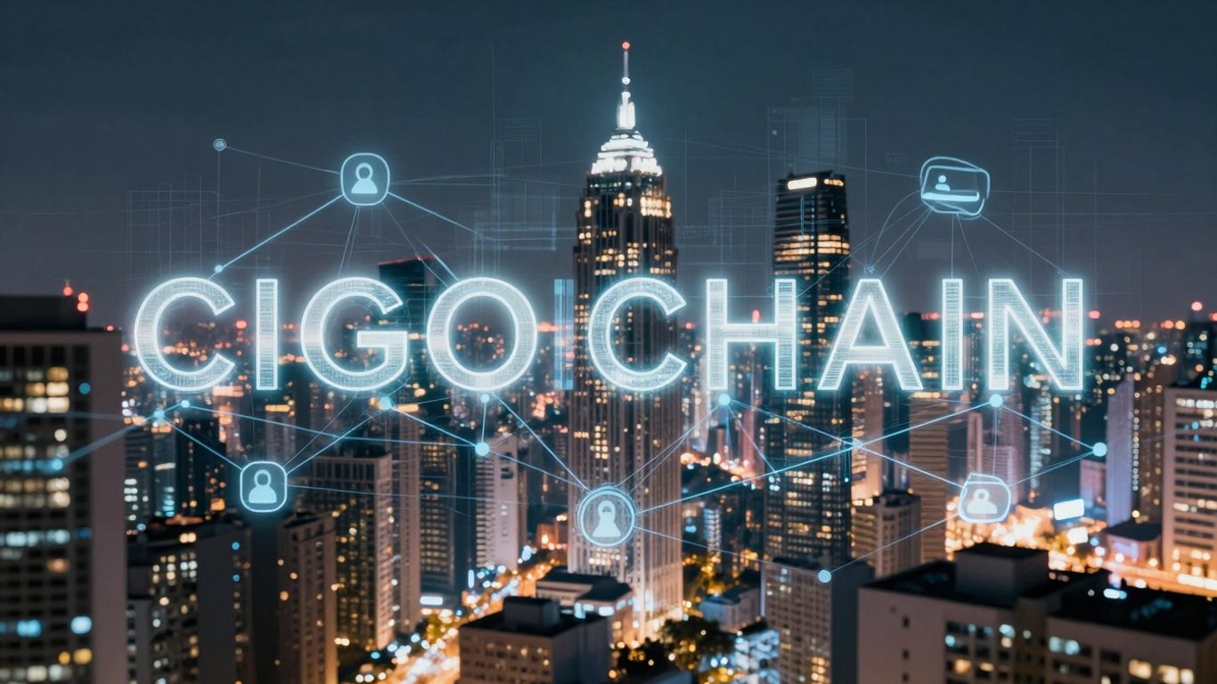 Blockchain connecting futuristic smart devices and cityscape.