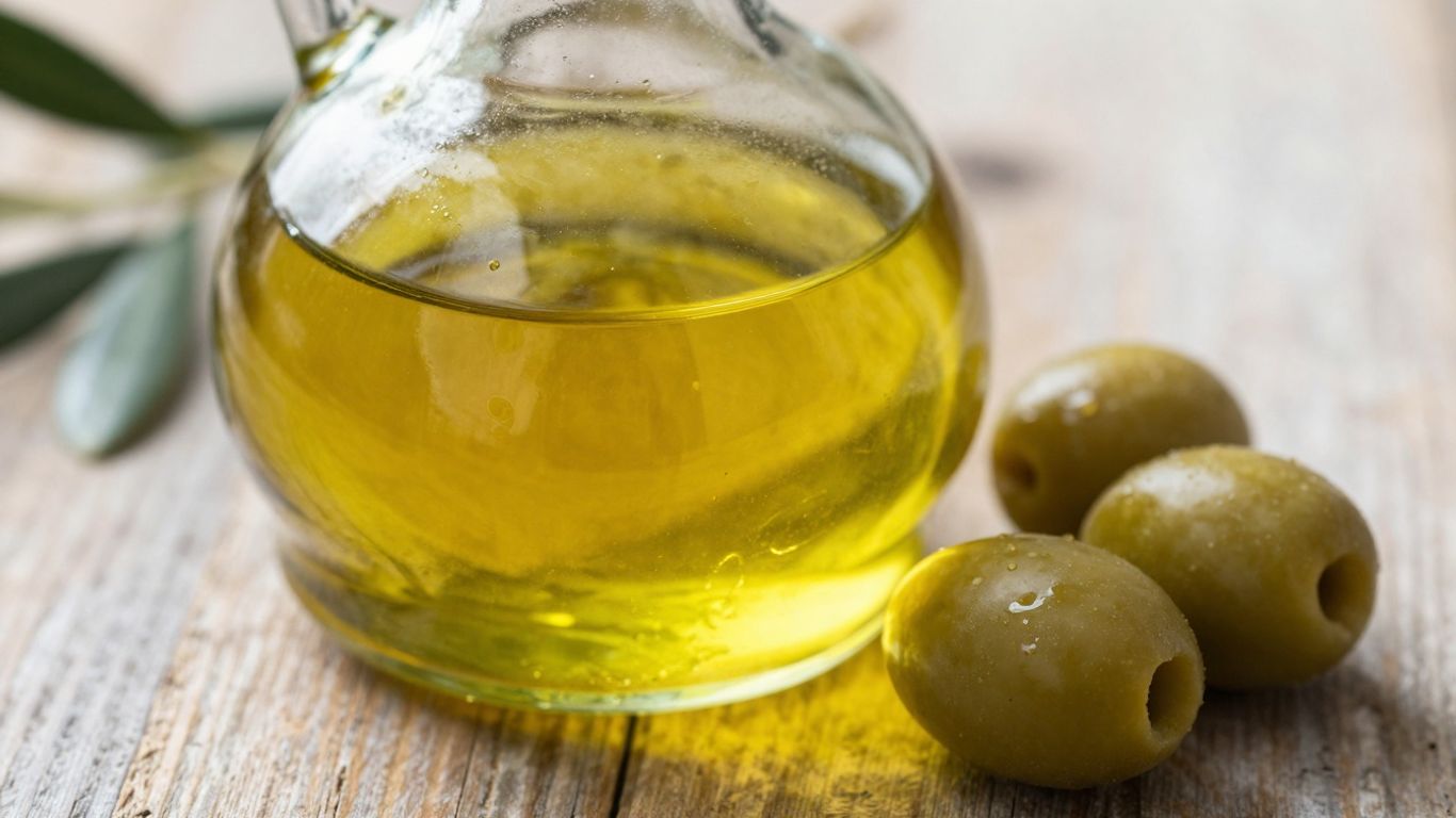 Sticlă cu ulei de măsline și măsline verzi.