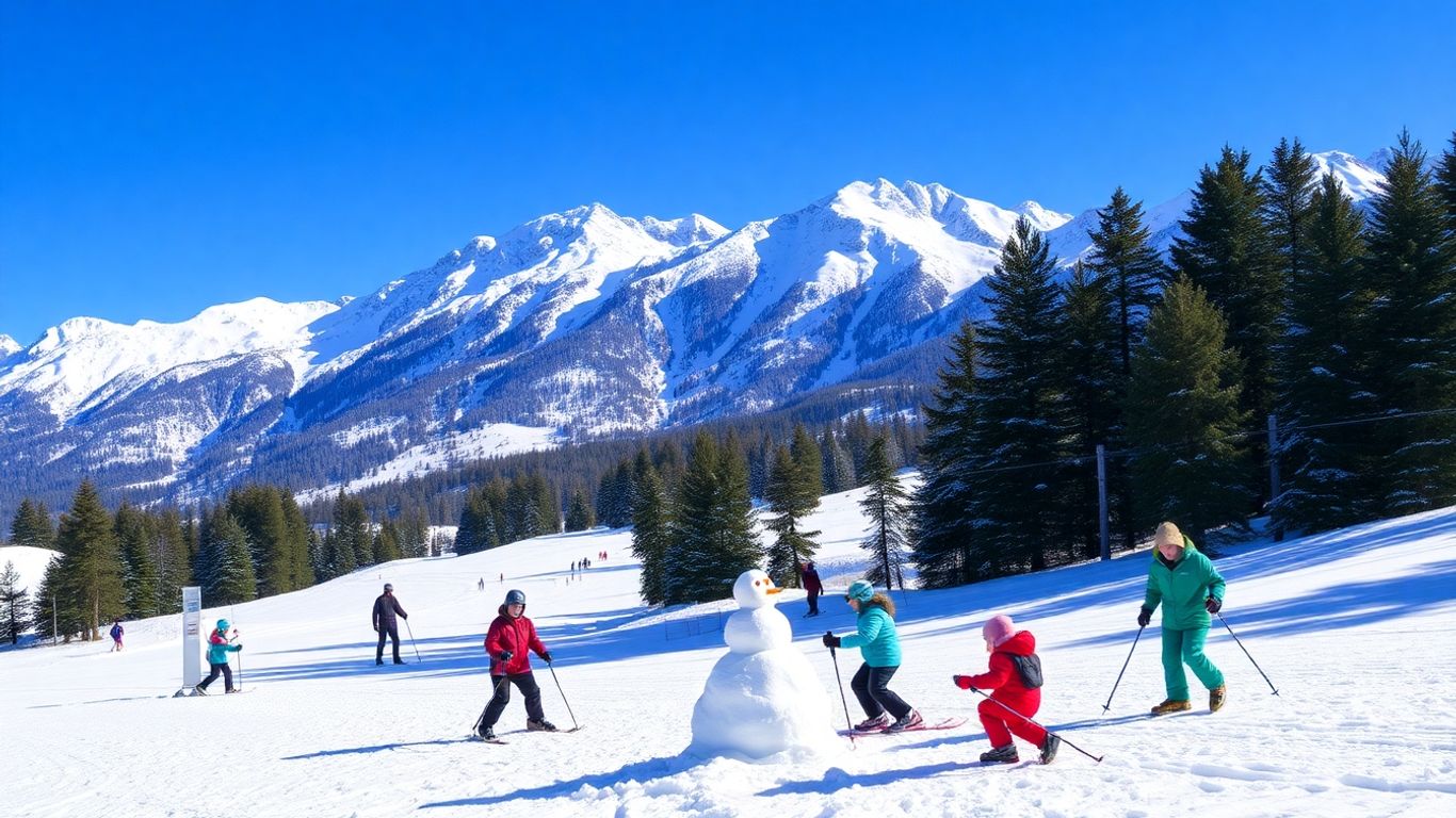 Families skiing in the snowy Pyrenees mountains.