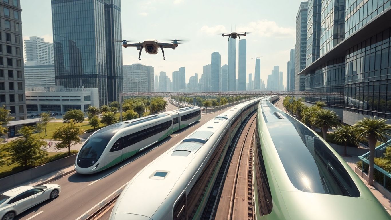 Futuristic city with drones and autonomous electric vehicles