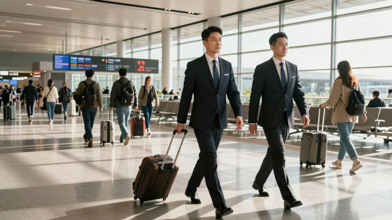 Airport escort service assisting traveler through terminal.