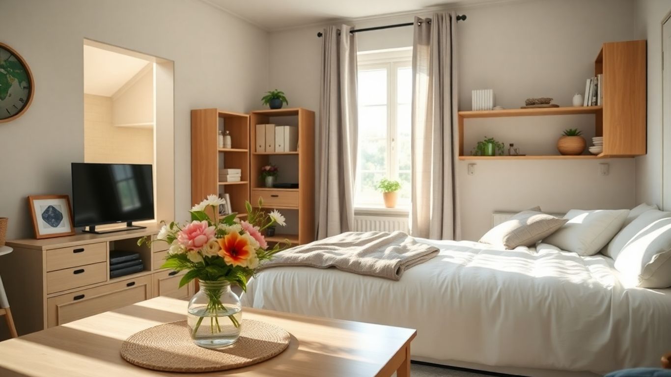 Bright, decluttered bedroom with tidy bed and shelves