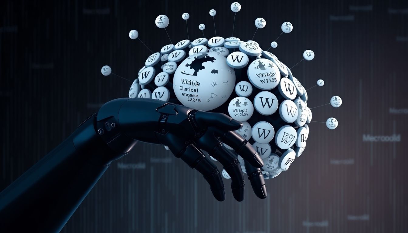 Robot hand taking data from Wikipedia logos.