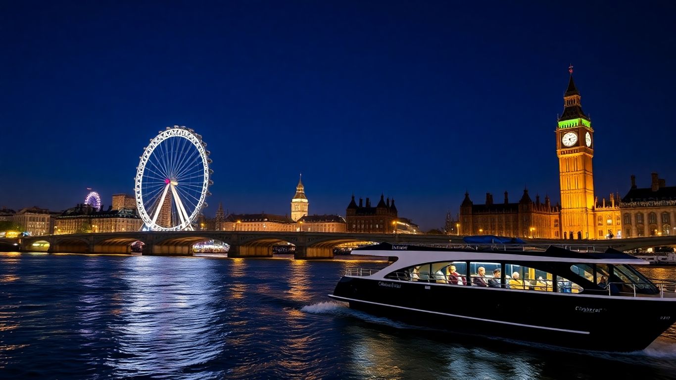 Night cruise on Thames with London landmarks illuminated