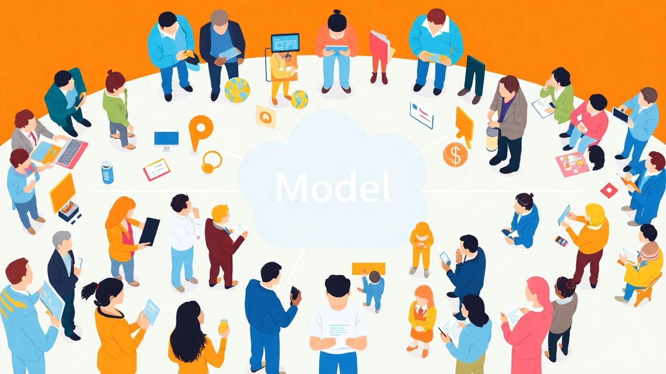 Consumer behavior model illustration with diverse people and connections.