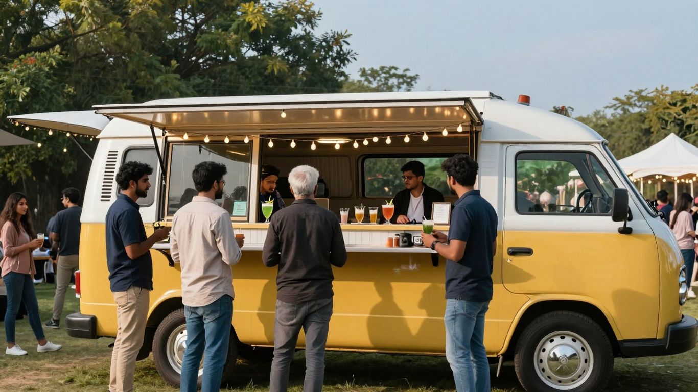 Mobile bar at an outdoor event with people enjoying drinks.
