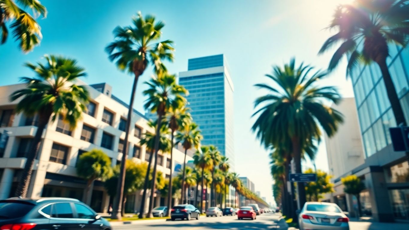 Los Angeles cityscape with palm trees and modern buildings.