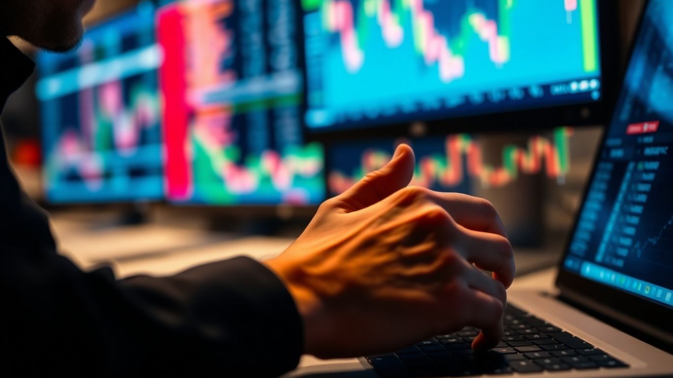 Trader's hands focused on a glowing computer screen.