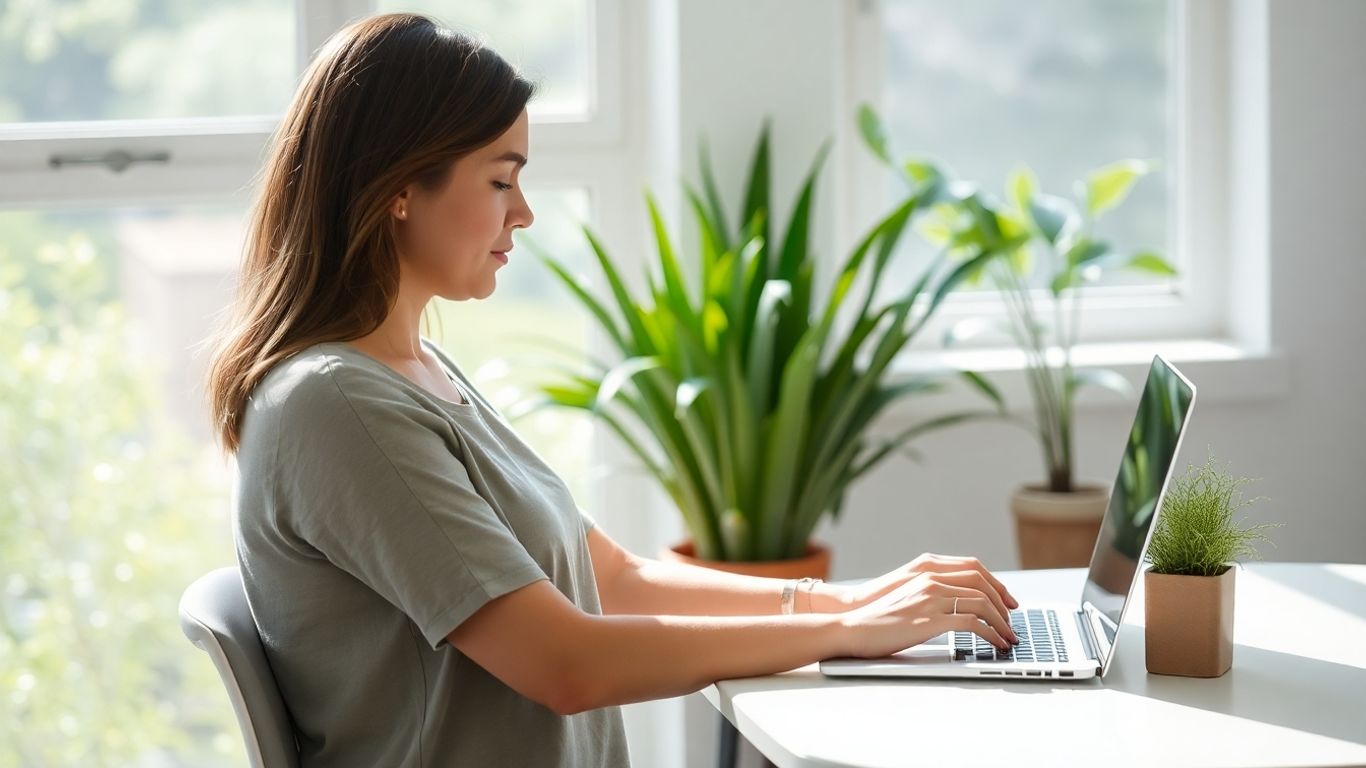 Person peacefully using a laptop in a natural setting.
