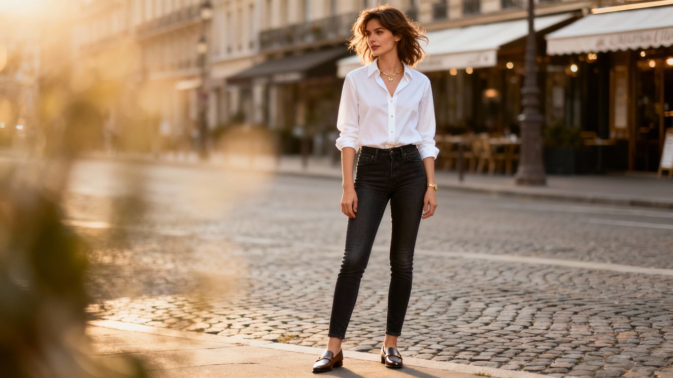 French woman in skinny jeans, chic Parisian street style.