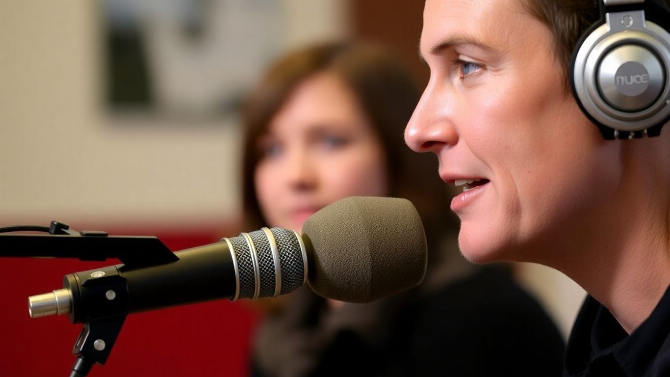 Podcast interview recording with microphone.