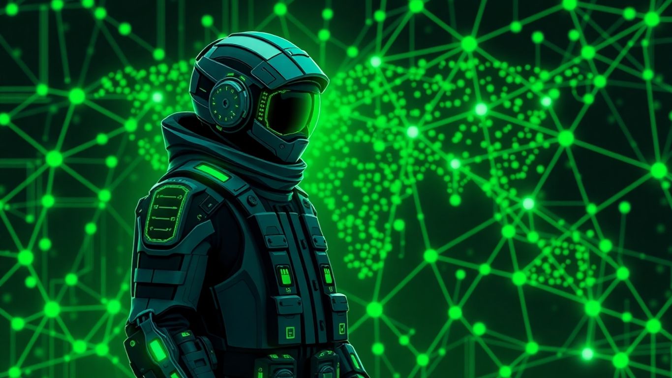 Miner digital în costum futurist cu circuite verzi.