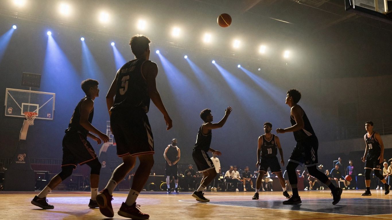 NBA game in action on a brightly lit court.