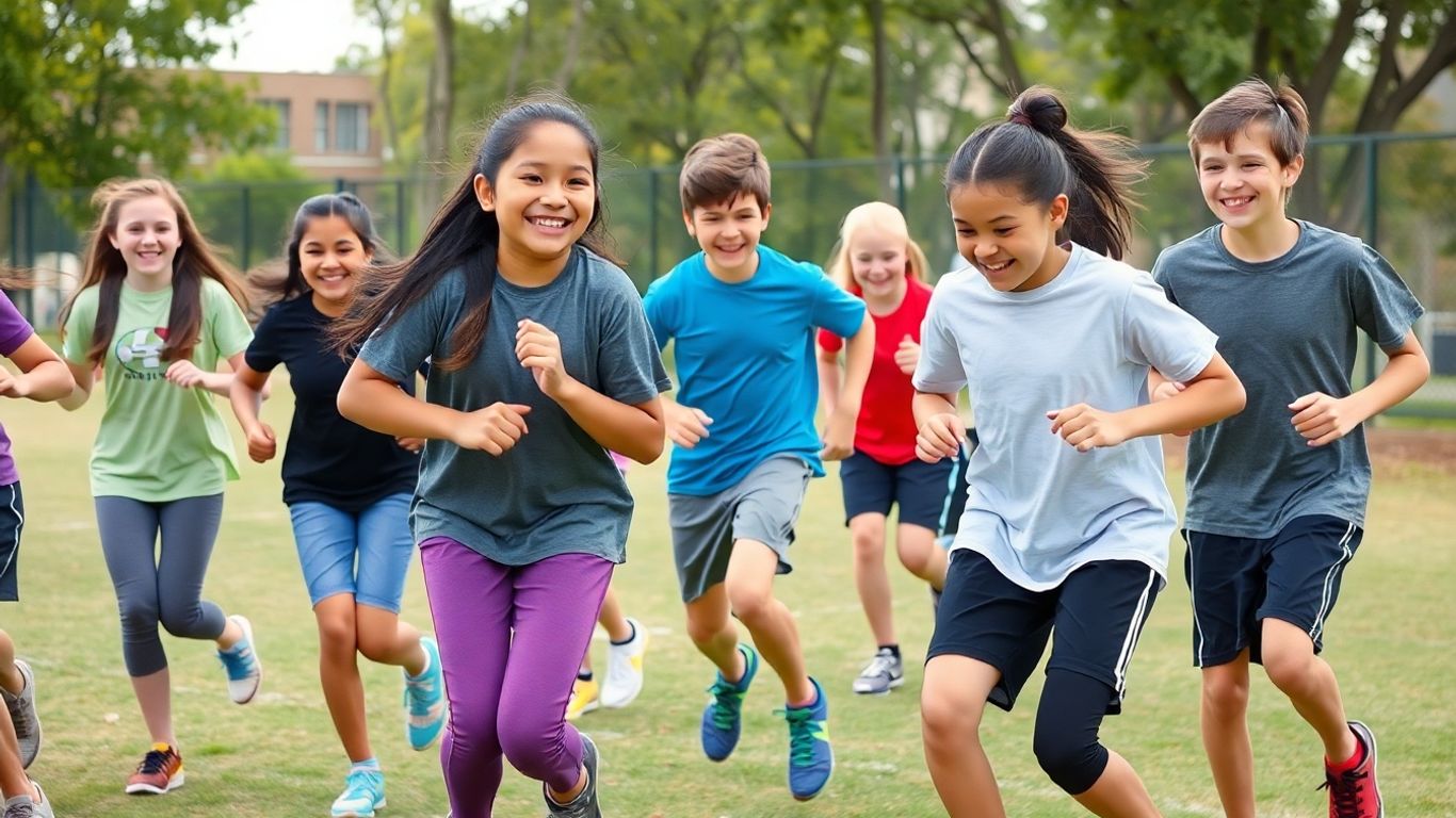 Kinder spielen energisch ein Aufwärmspiel im Freien.
