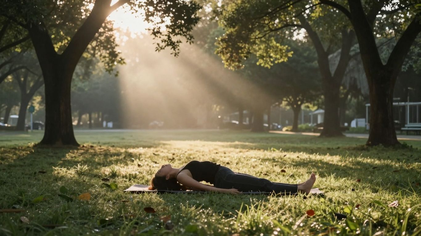 Persoană întinsă în parc la răsărit, beneficiind de aer curat.