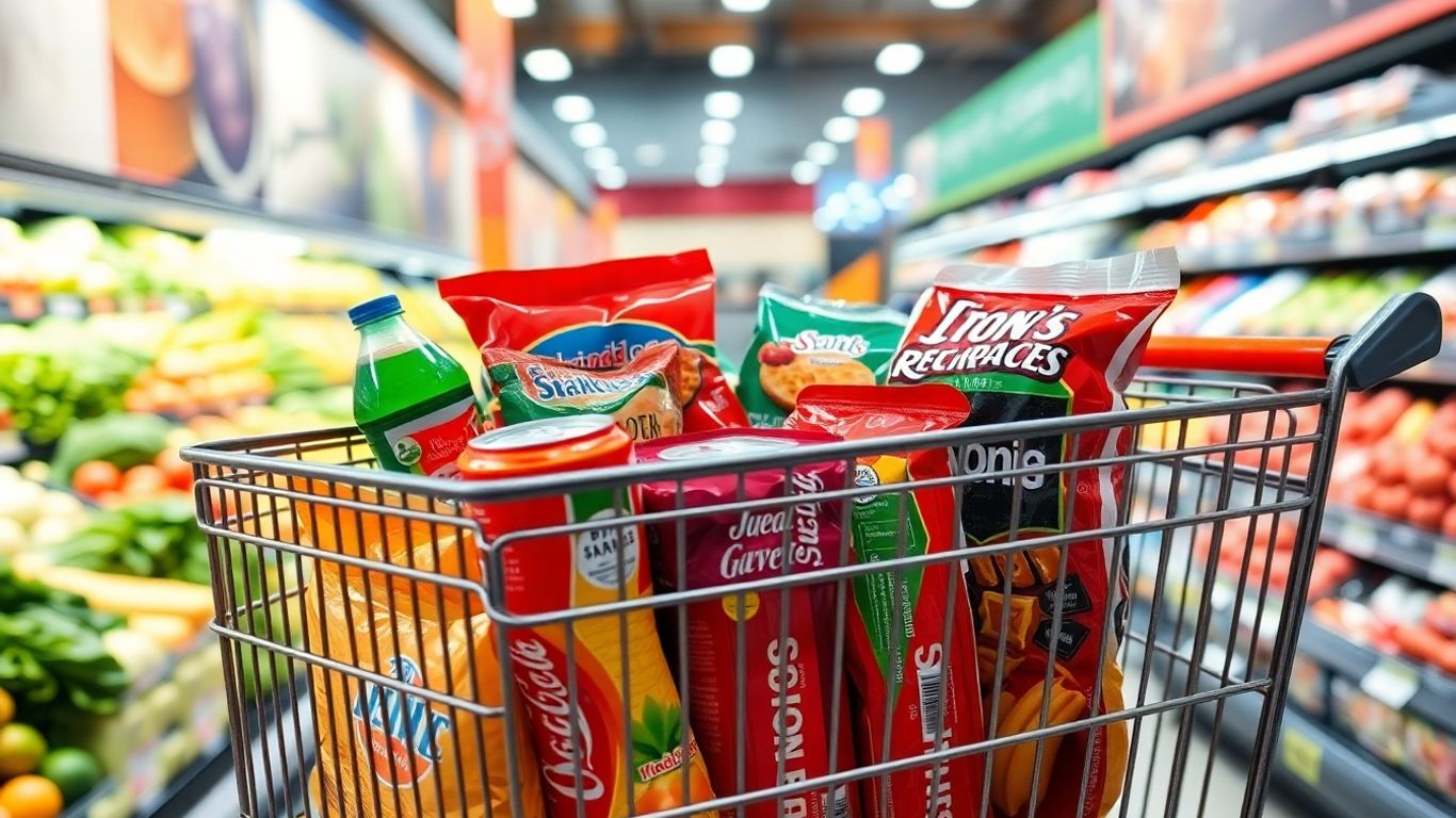 Caddie plein d'aliments ultratransformés au supermarché