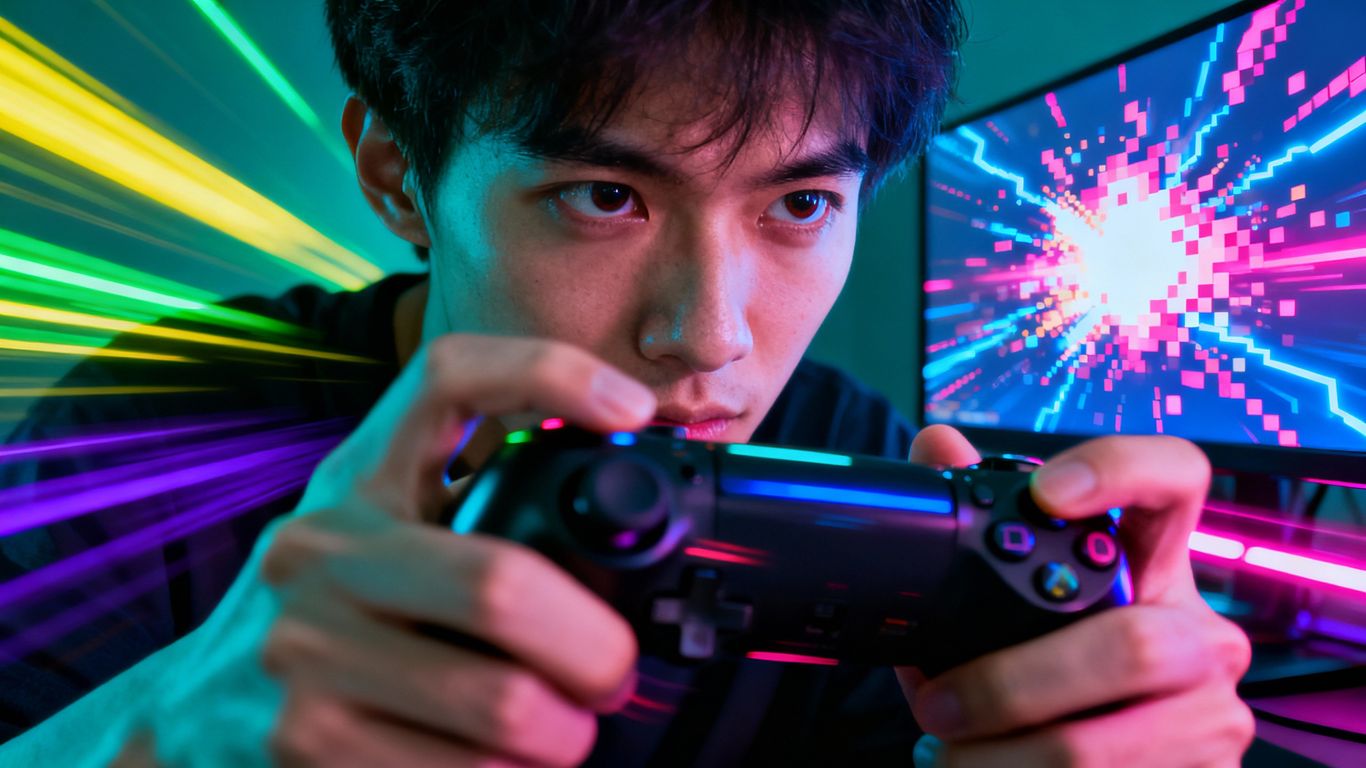Gamer intensely playing with glowing screen and controller.