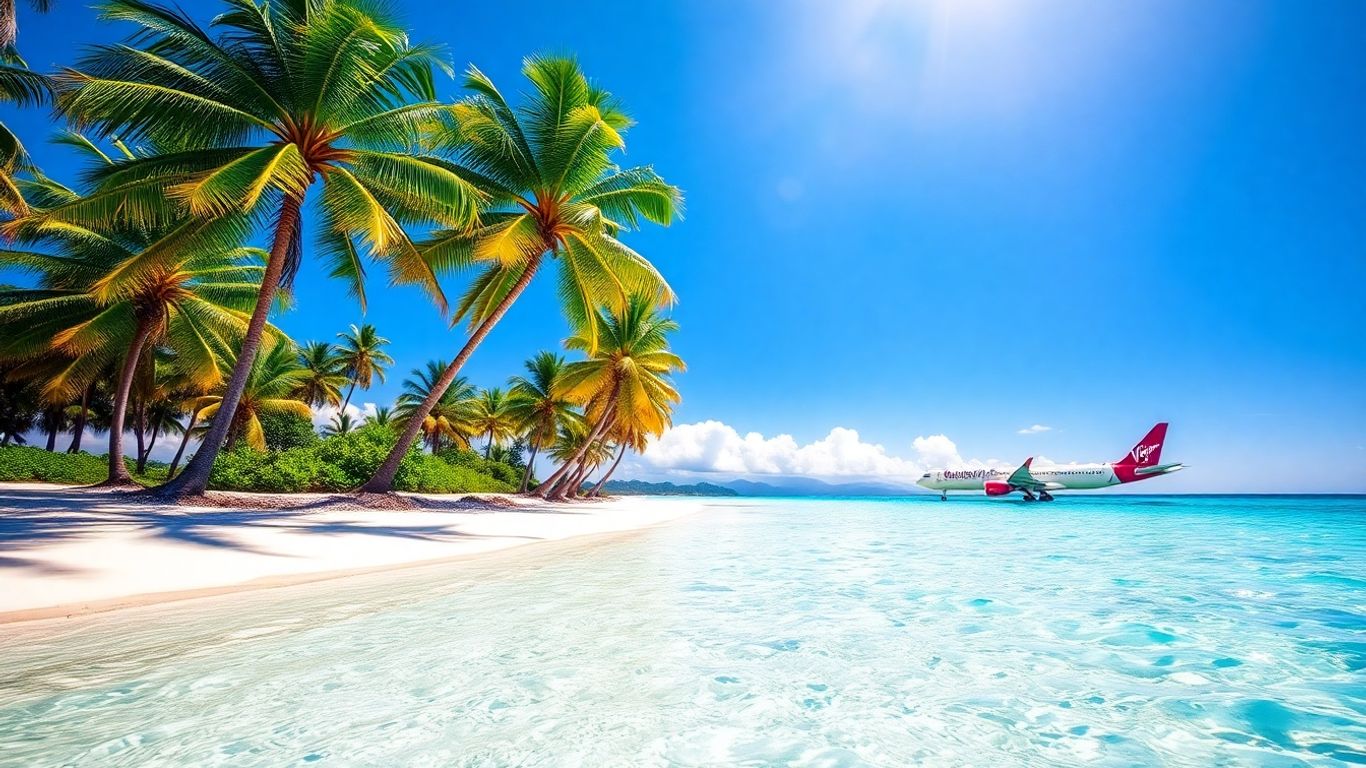 Virgin Atlantic plane flying over a tropical beach paradise.