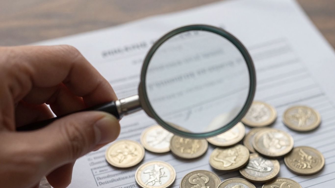 Magnifying glass over coins and insurance document.