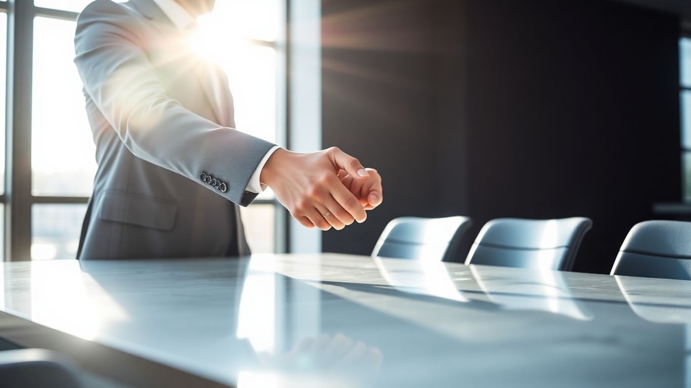Business handshake in a modern office.