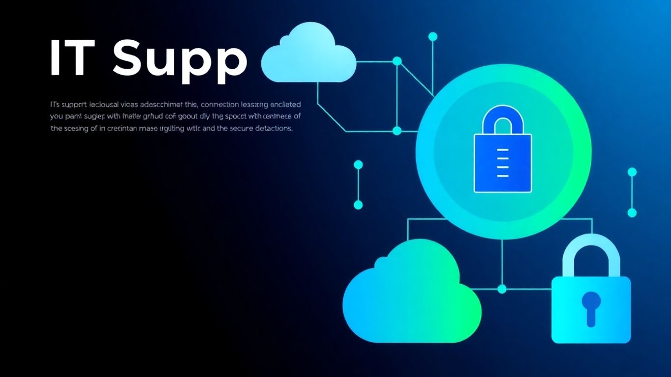 IT support infographic with network and cloud elements.