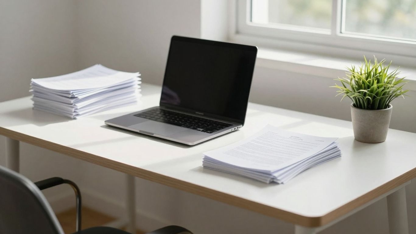 Aufgeräumter Schreibtisch mit Laptop und Pflanze.