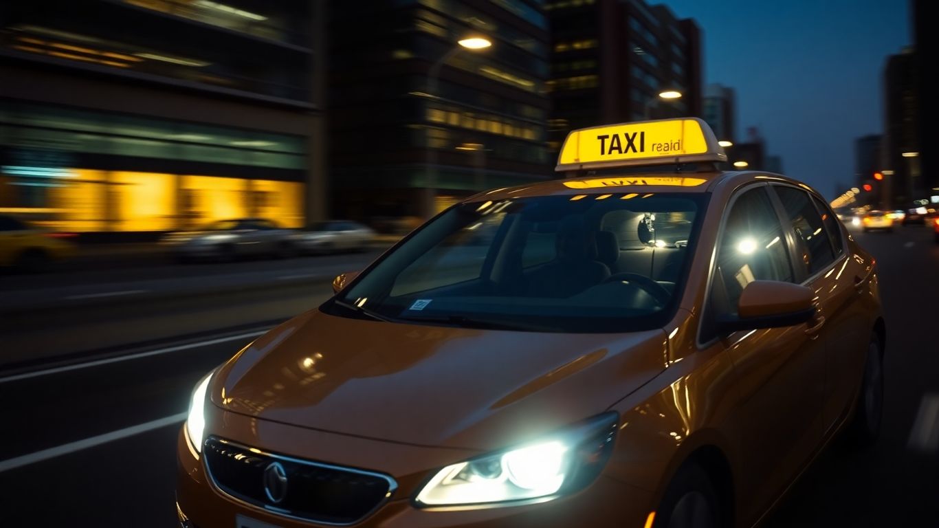 Taxi speeding through city at dusk
